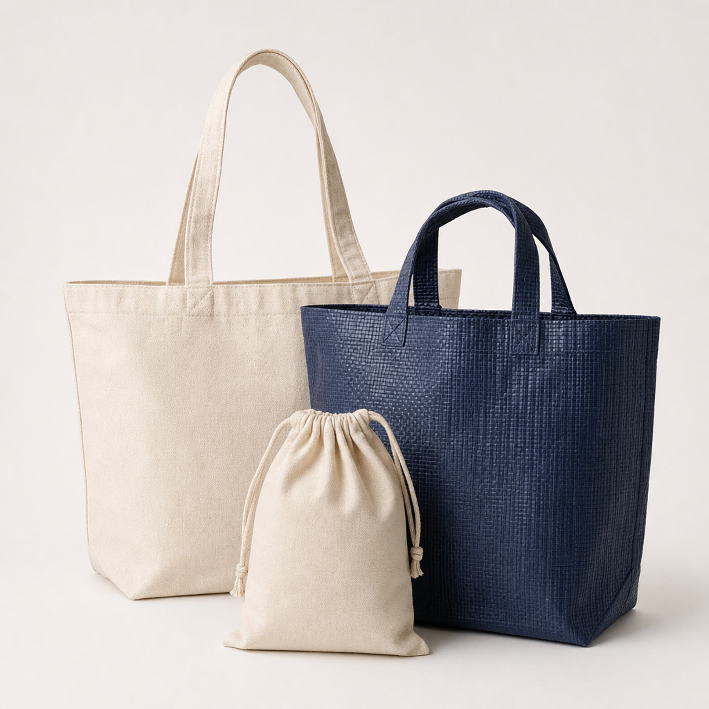 Cotton tote bag, woven PP shopping bag and cotton drawstring pouch