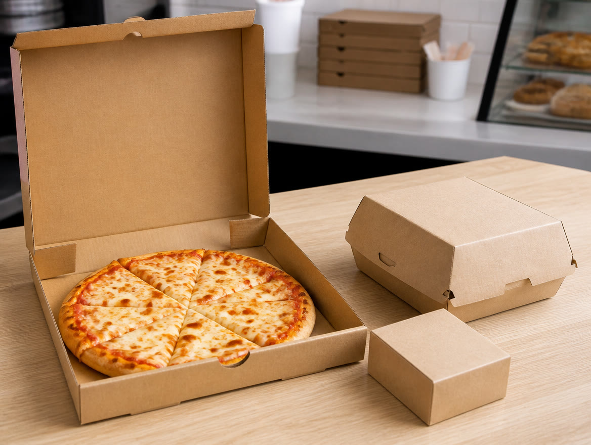 Food packaging: kraft pizza, burger and dessert boxes