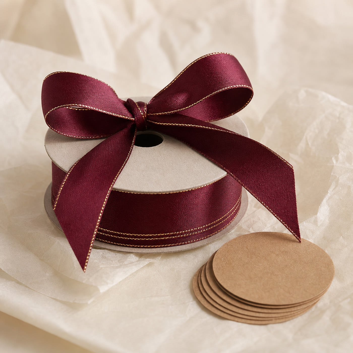 Custom ribbon, tissue paper and printed labels for gift wrapping