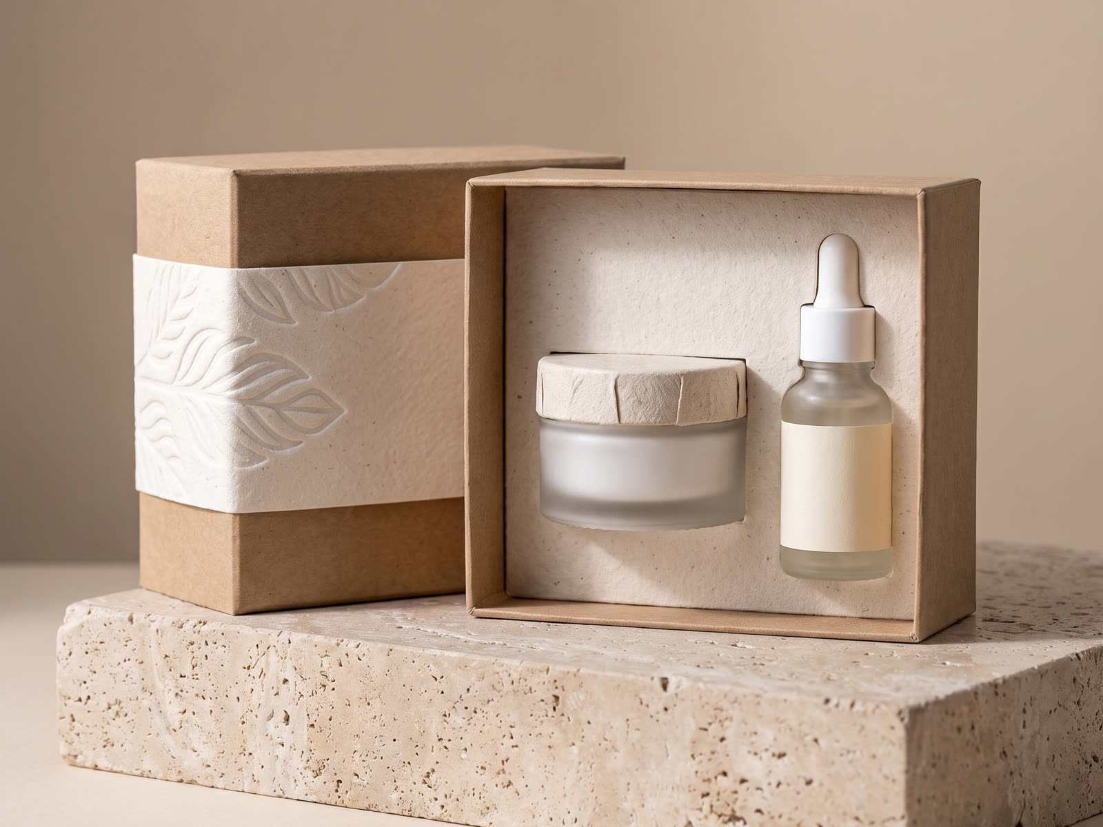 Kraft skincare set with debossed leaf pattern, jar and dropper bottle