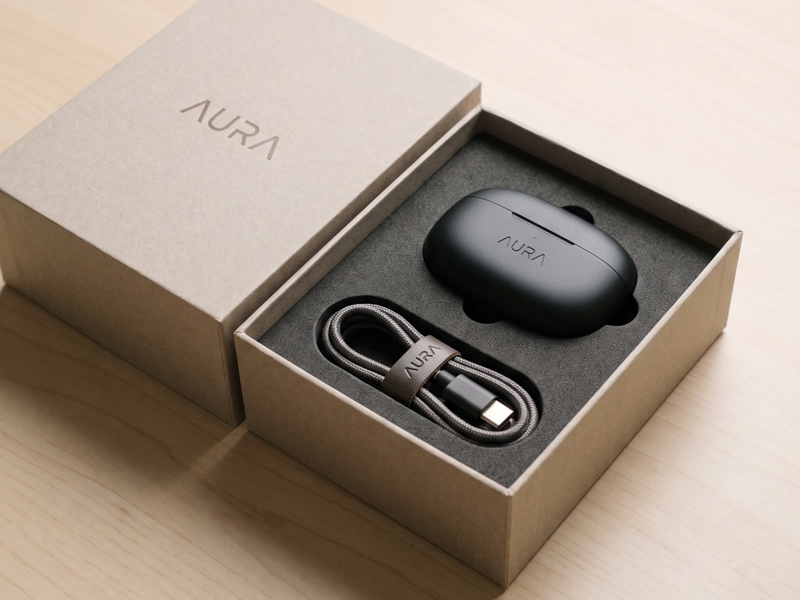 Rigid box for wireless earbuds, opened, foam insert