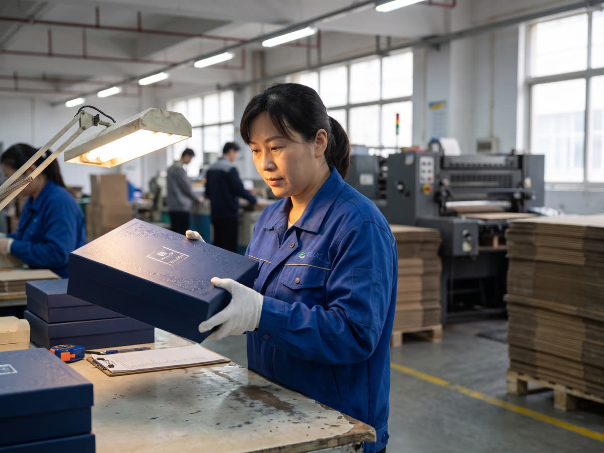 Quality check on a rigid box under an inspection lamp