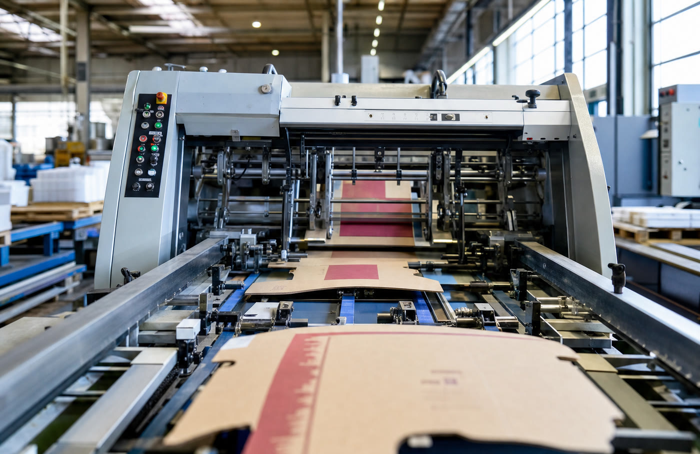 Folder-gluer mid-cycle, board sheets moving through the feed section