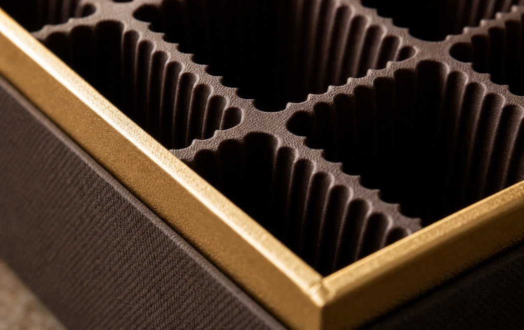 Macro detail of a moulded chocolate tray insert