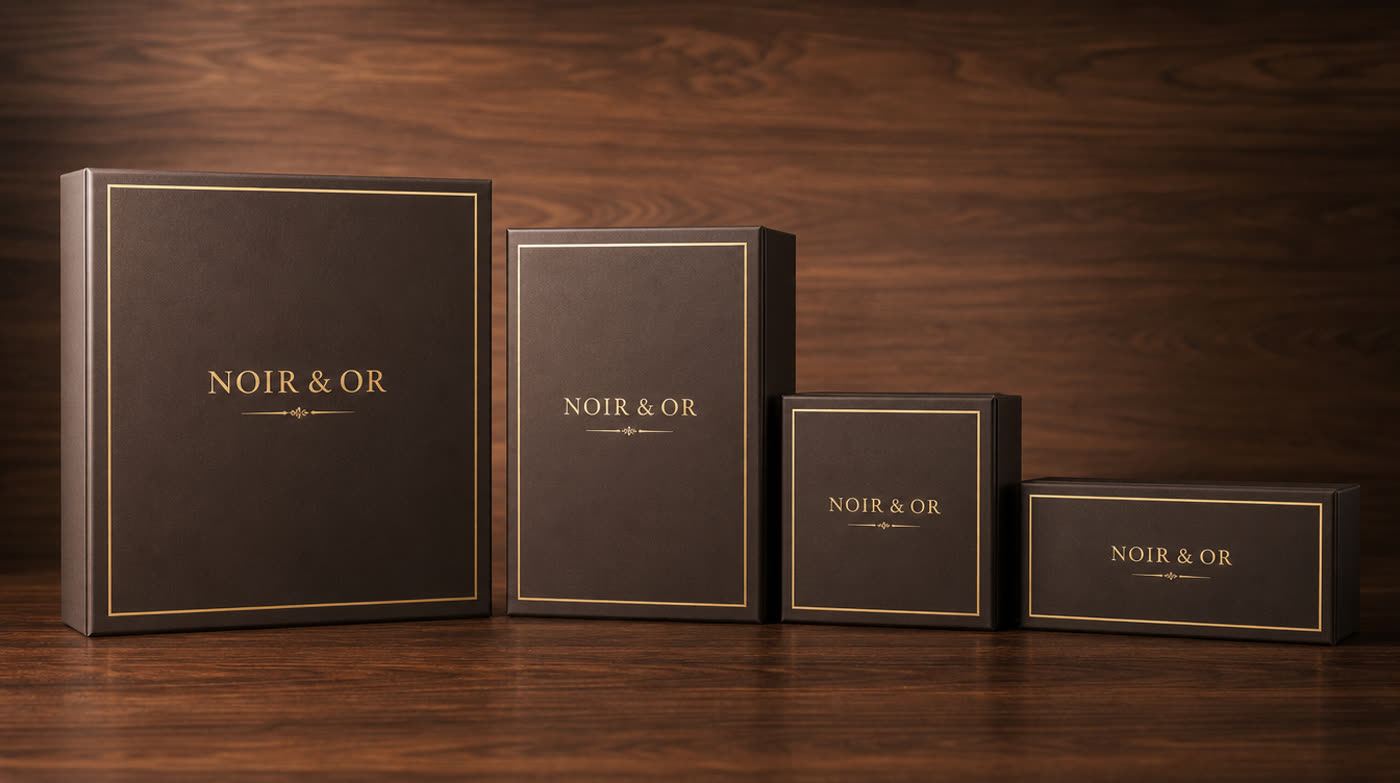 Four dark chocolate-brown rigid gift boxes of different sizes