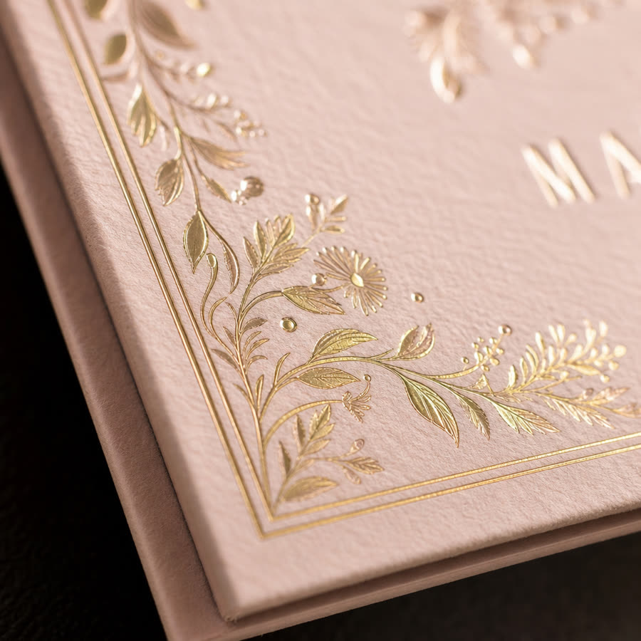 Macro detail of gold foil stamping on blush board