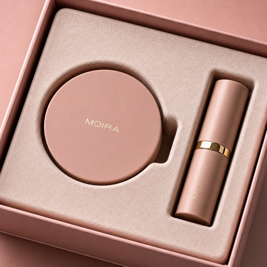 Macro detail of a moulded pulp insert holding a compact and lipstick