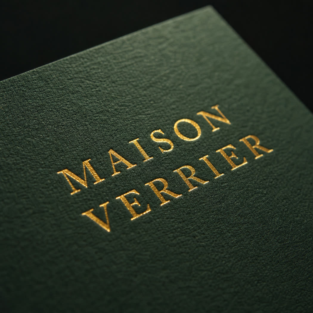Macro detail of gold foil stamping on a perfume box