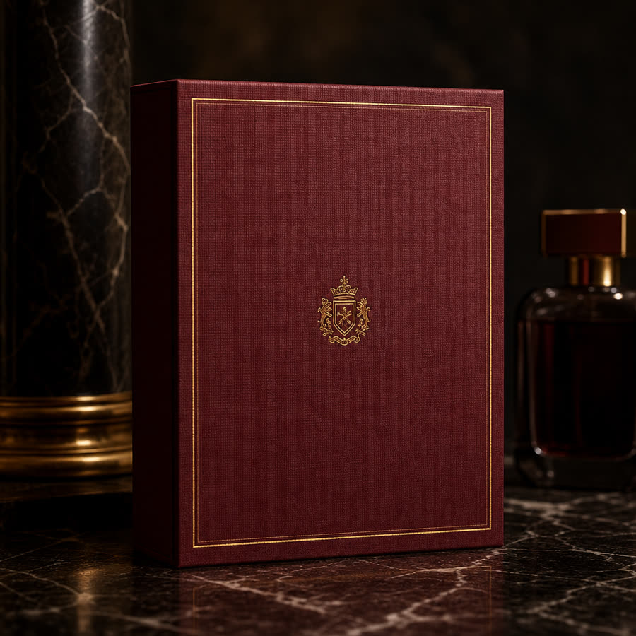 Magnetic-closure rigid perfume box in burgundy