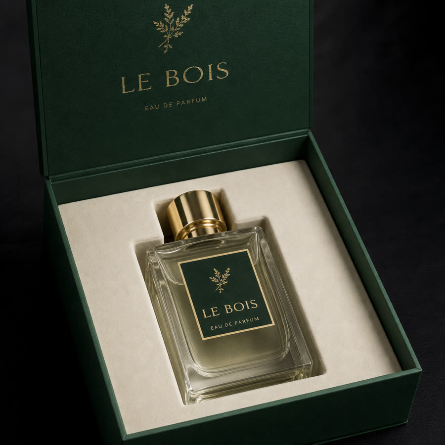 Open rigid perfume box with bottle seated in a moulded insert