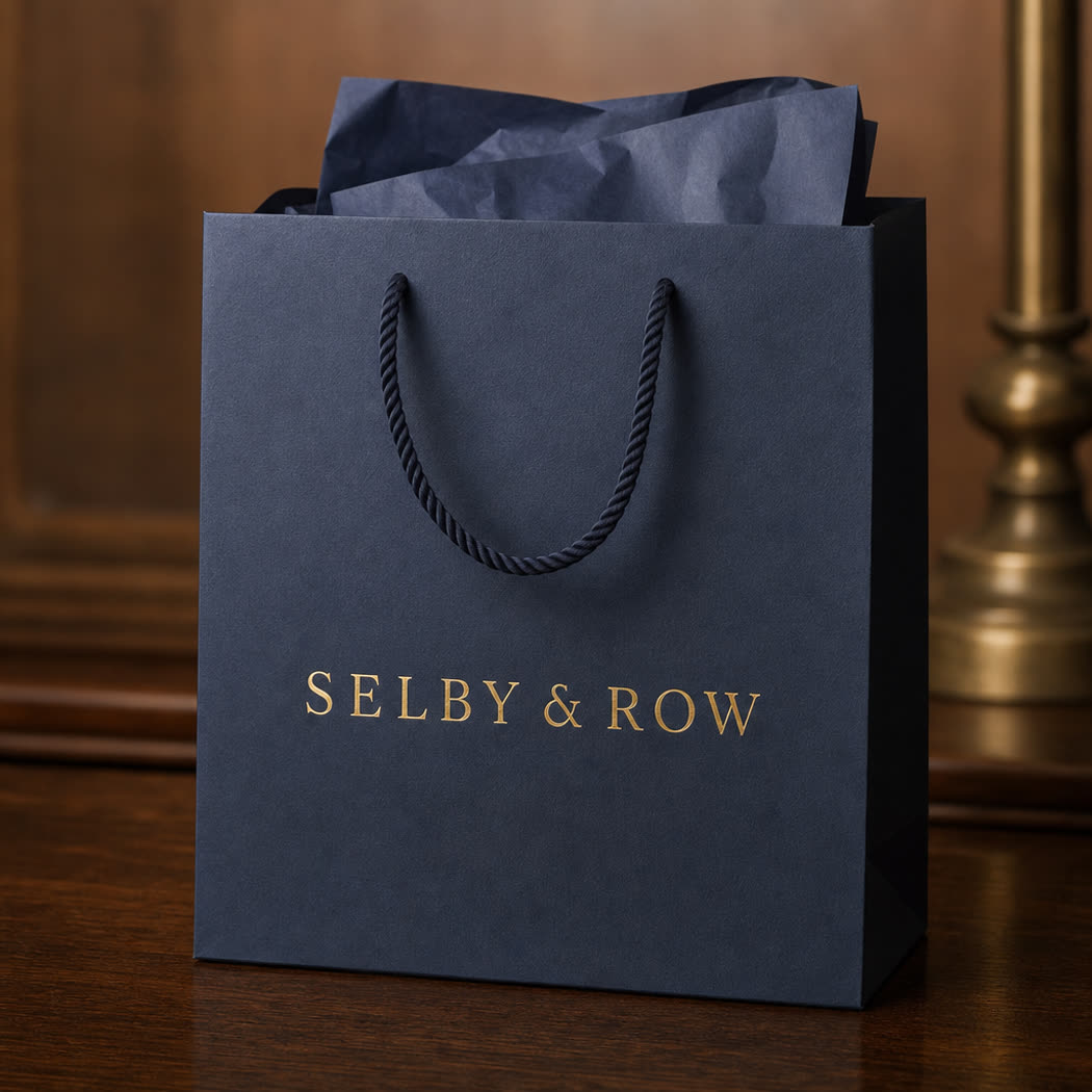 Paper carrier bag with rope handles, navy and gold