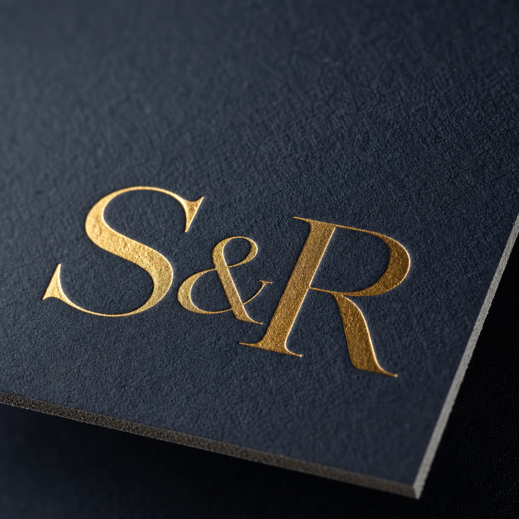 Macro detail of a gold foil monogram on a navy rigid box
