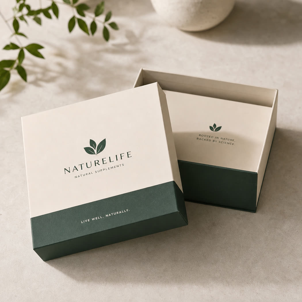 Lid and base rigid gift box for a supplement brand, cream and forest green