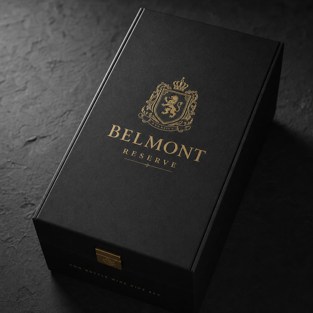 Closed two-bottle rigid gift box with gold foil crest