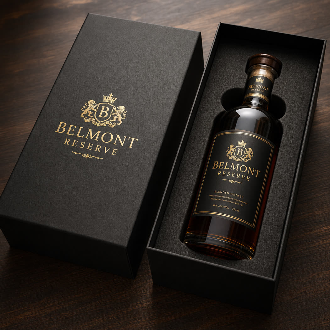 Lid and base rigid gift box for a spirits bottle, matte black